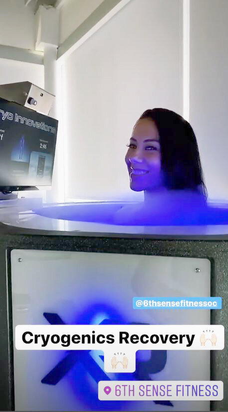 Eri in the XR cryotherapy chamber at 6th Sense Fitness, Costa Mesa, California