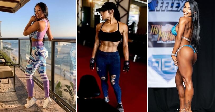 Blue princess leggings from Inspire by Eri Anton (L), Top 8 Instagram Models with the Best Abs (C), Eri competing in the NPC Golden State Championship (R)