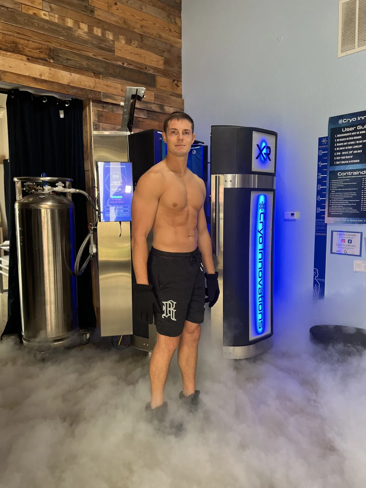 Client standing in nitrogen vapor as the chamber cycles