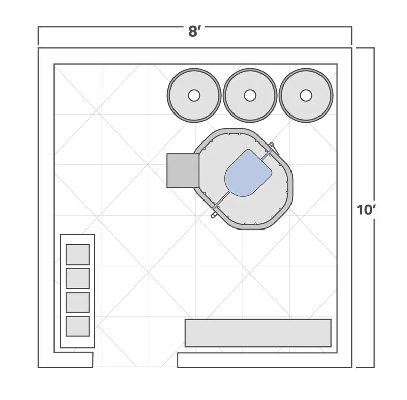 Floor plan of a cryotherapy room showing the XR chamber and its nitrogen dewars