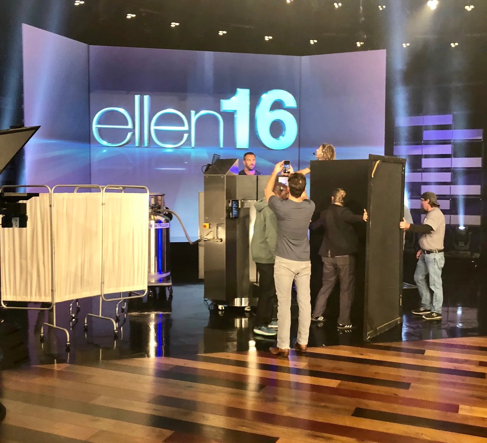 Crew setting up the XR chamber on the stage of The Ellen DeGeneres Show, season 16