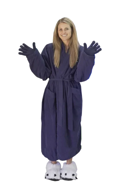 A client wearing the included robe, booties and gloves