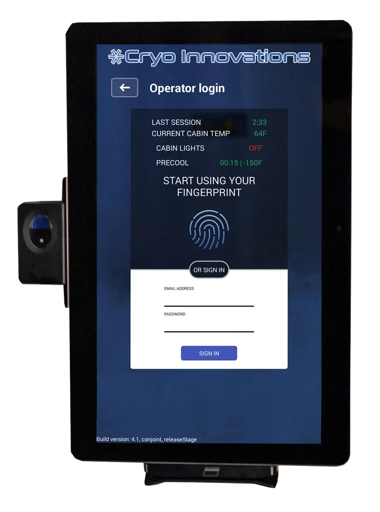 XR Cryosauna operator touchscreen, fingerprint login and cabin status